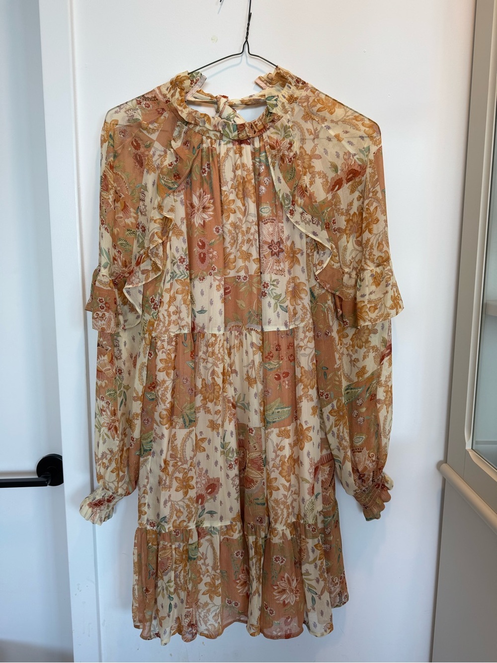 Sezane Floral Ruffle Long-Sleeve Mini Dress in Beige and Tan